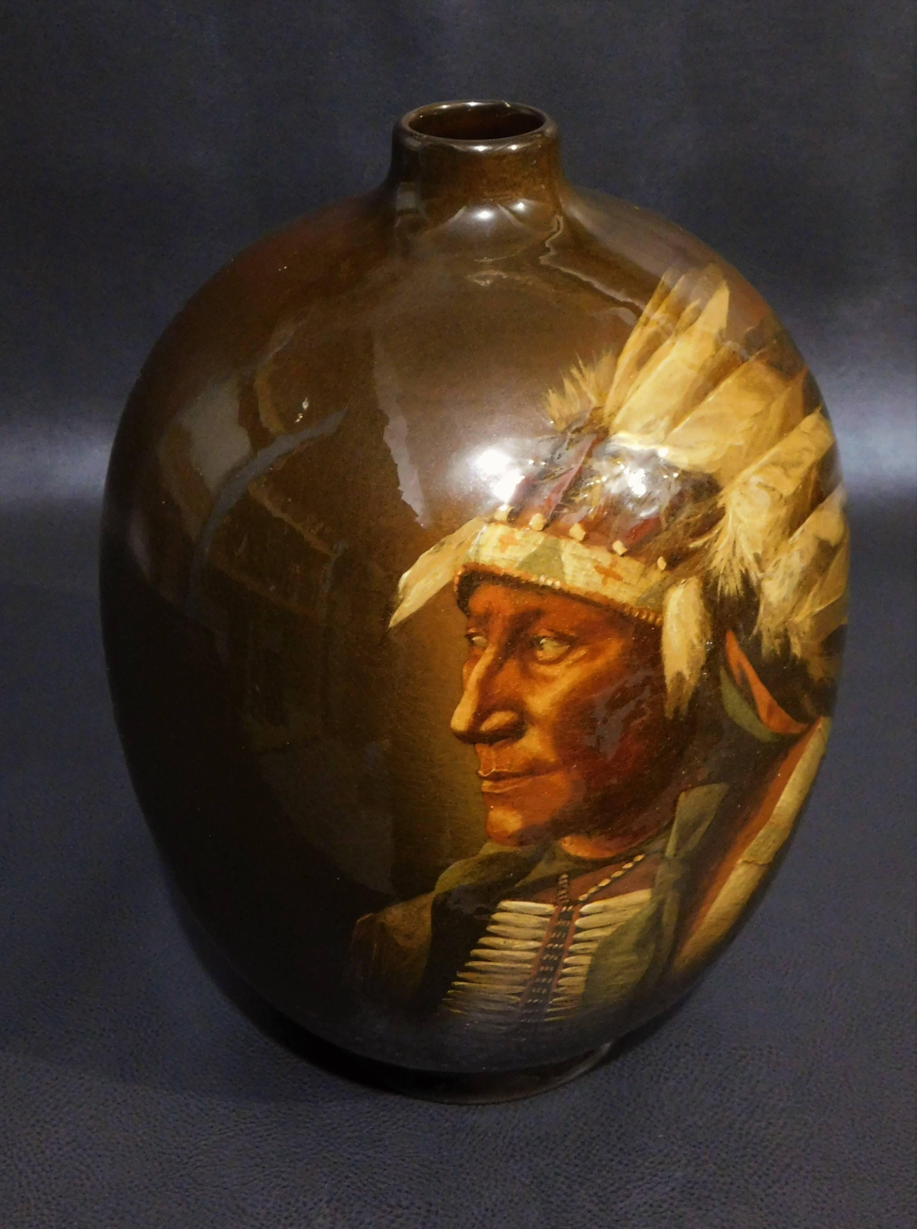 American Craftsman Owens Pottery Utopian Vase Native American Sioux Chief Bear Cora McCandless For Sale