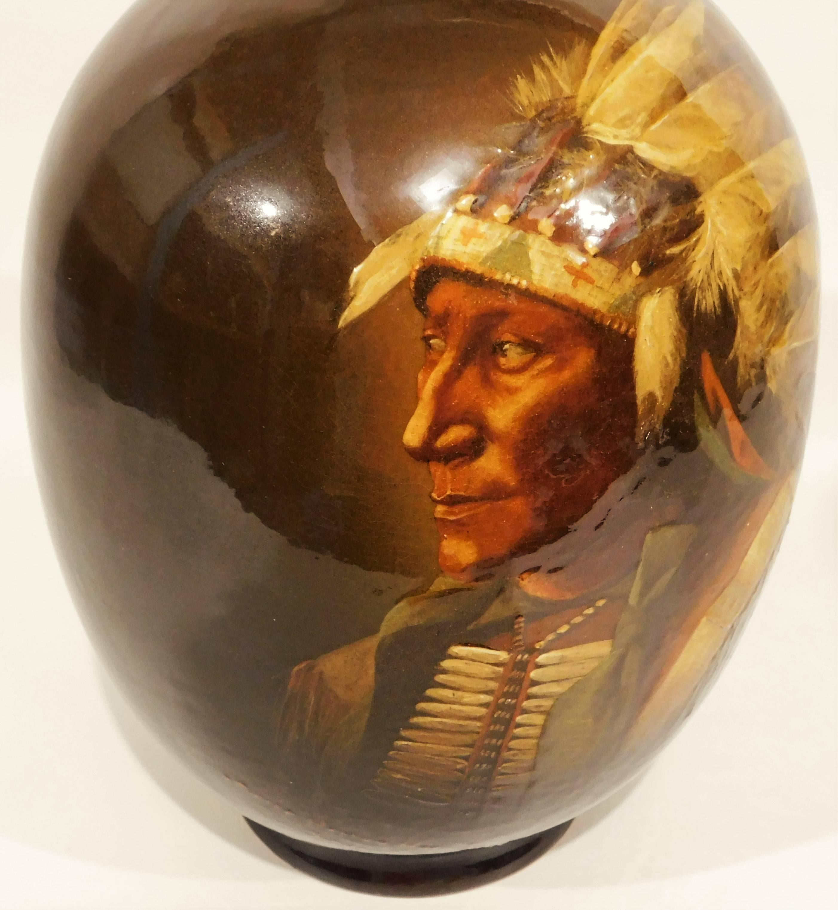 Owens Pottery Utopian Vase Native American Sioux Chief Bear Cora McCandless In Good Condition For Sale In Hamilton, Ontario