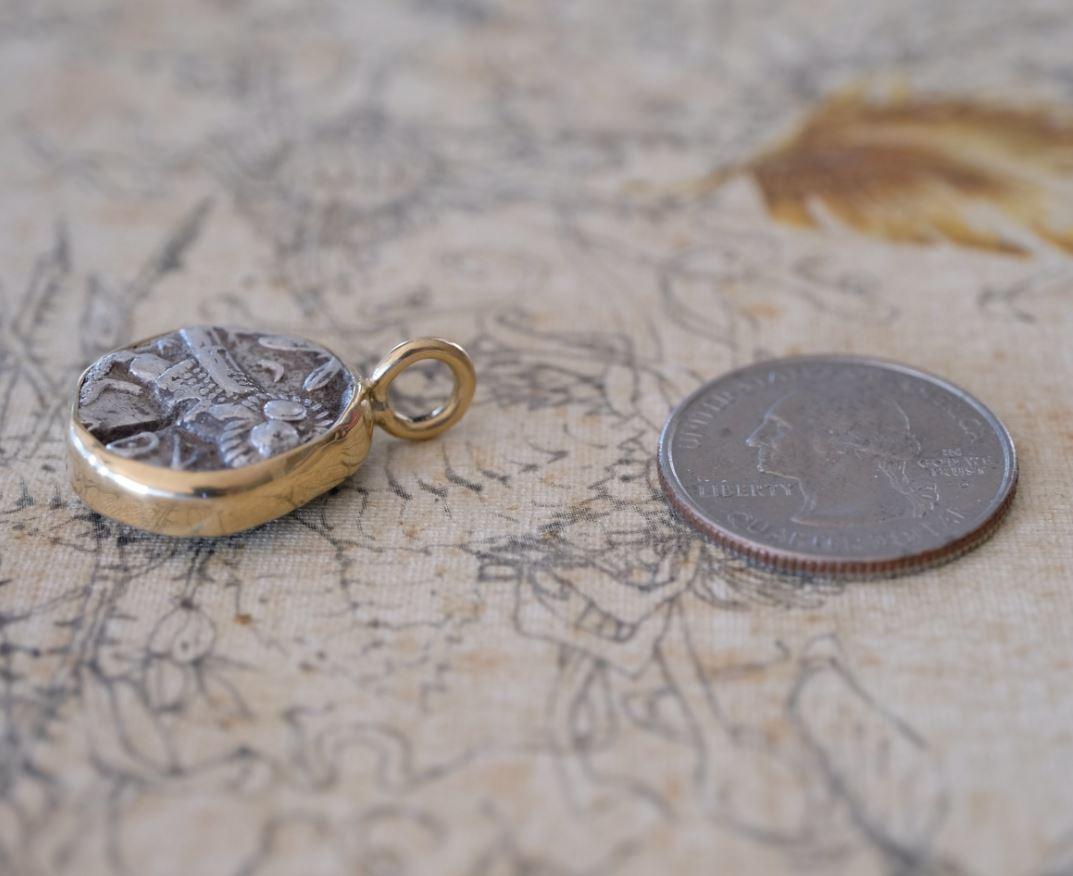 Owl & Athena - Ancient Greek Coin from set in 18k Gold In New Condition In Chicago, IL