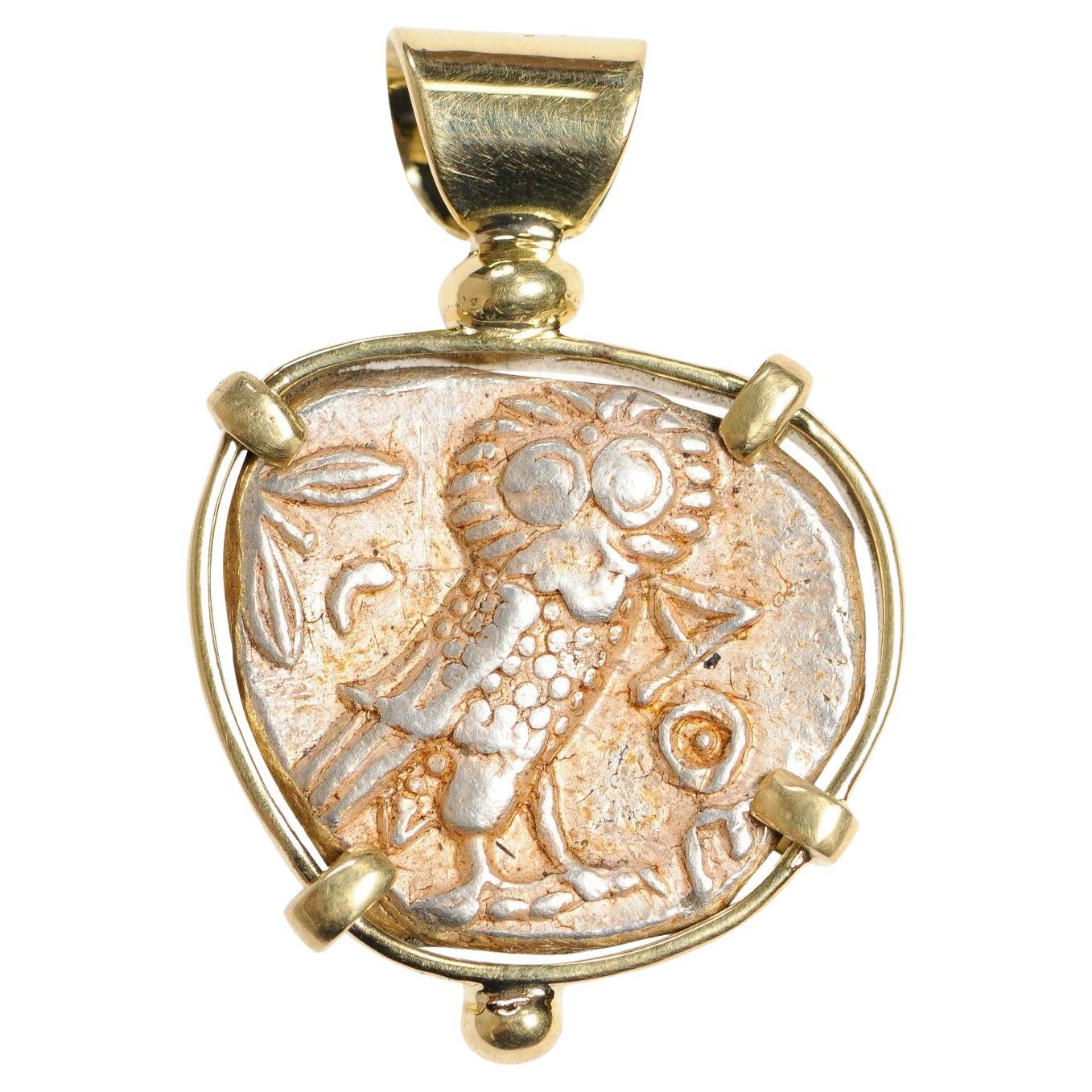 Owl & Athena Coin Pendant set in 18kt Gold For Sale