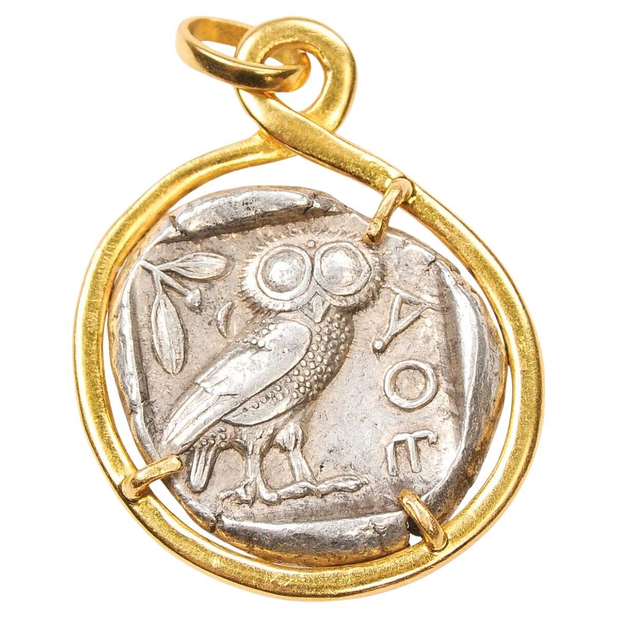 Gufo e Atena Tetradramma d'argento con oro 18 carati in vendita