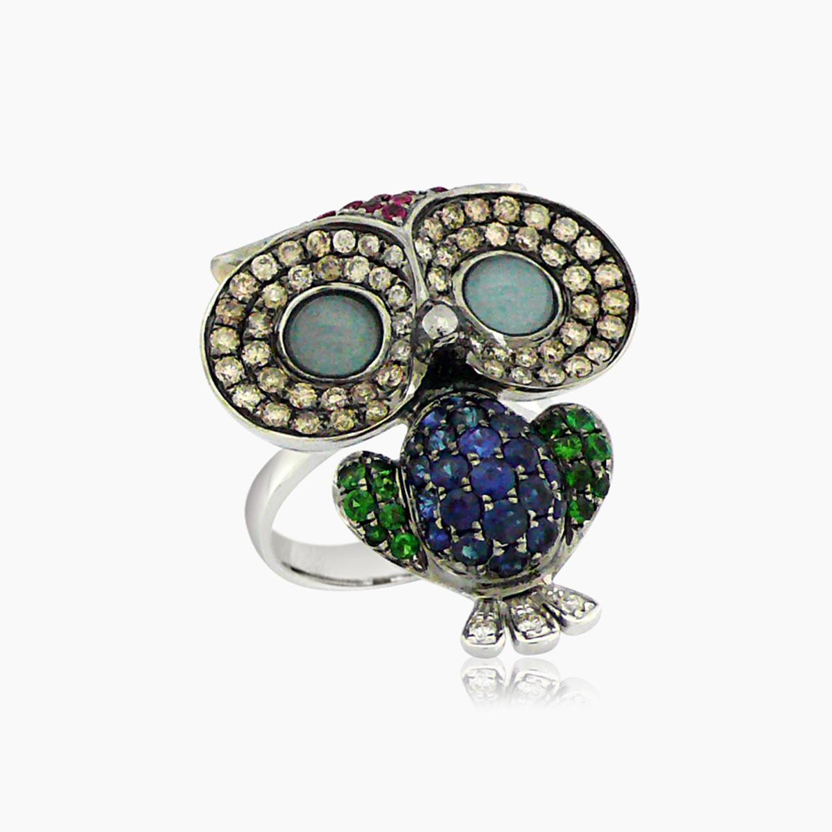 Mixed Cut Owl Bird Aquamarine Diamond Ruby Garnet & Sapphire 18K White Gold Ring For Sale