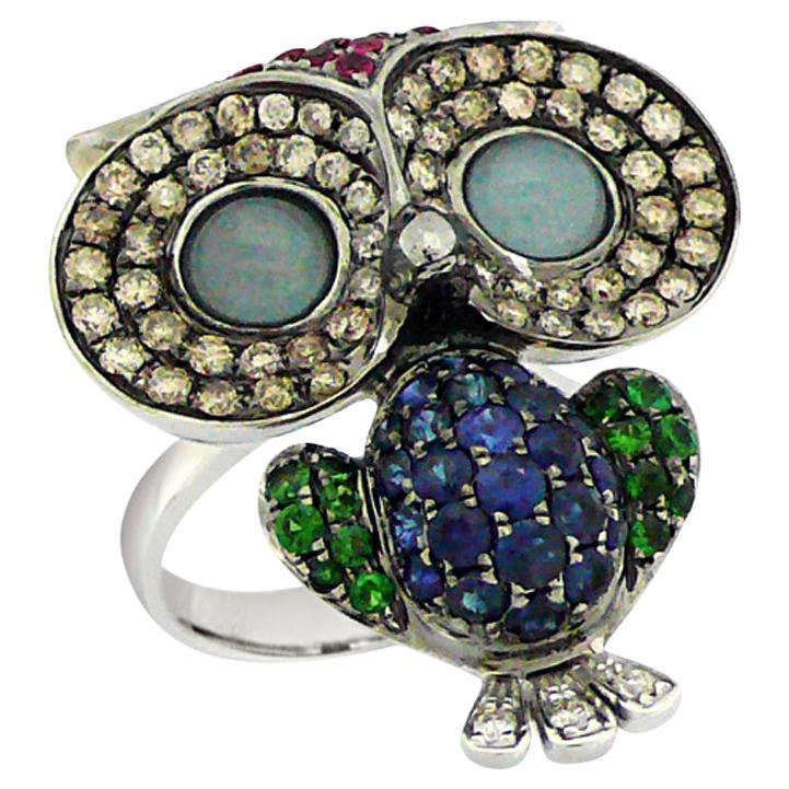 Owl Bird Aquamarine Diamond Ruby Garnet & Sapphire 18K White Gold Ring
