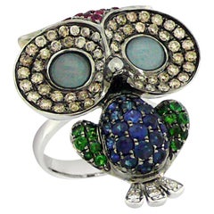 Owl Bird Aquamarine Diamond Ruby Garnet & Sapphire 18K White Gold Ring