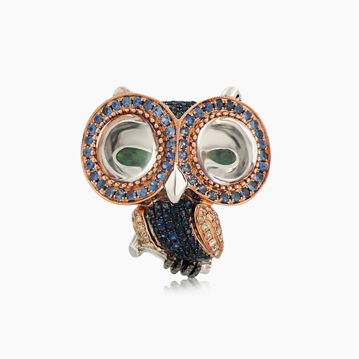 Mixed Cut Owl Bird Blue Sapphire Diamond Crystal & Garnet 18K Rose Gold Ring For Sale