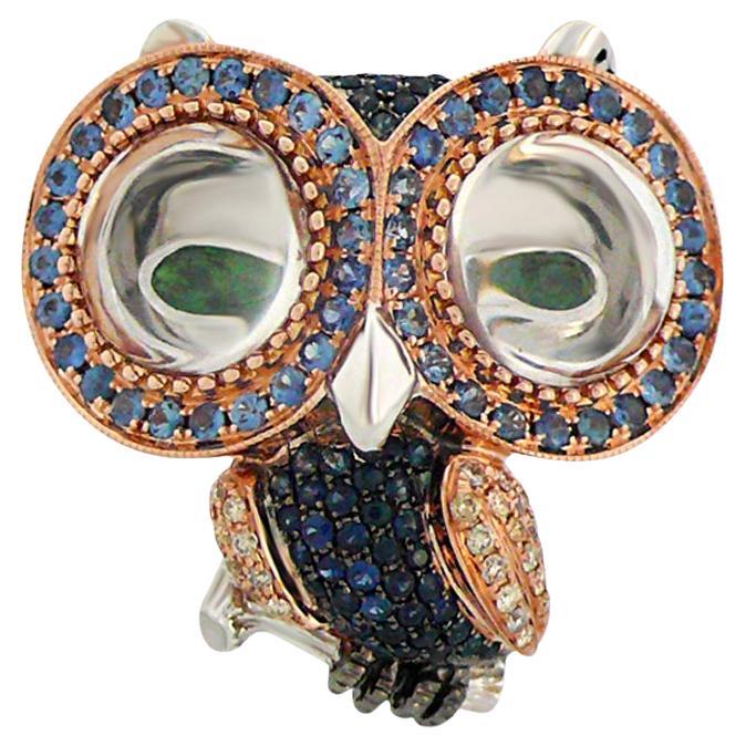 Owl Bird Blue Sapphire Diamond Crystal & Garnet 18K Rose Gold Ring