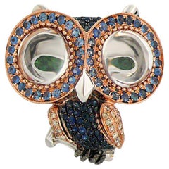 Owl Bird Blue Sapphire Diamond Crystal & Garnet 18K Rose Gold Ring
