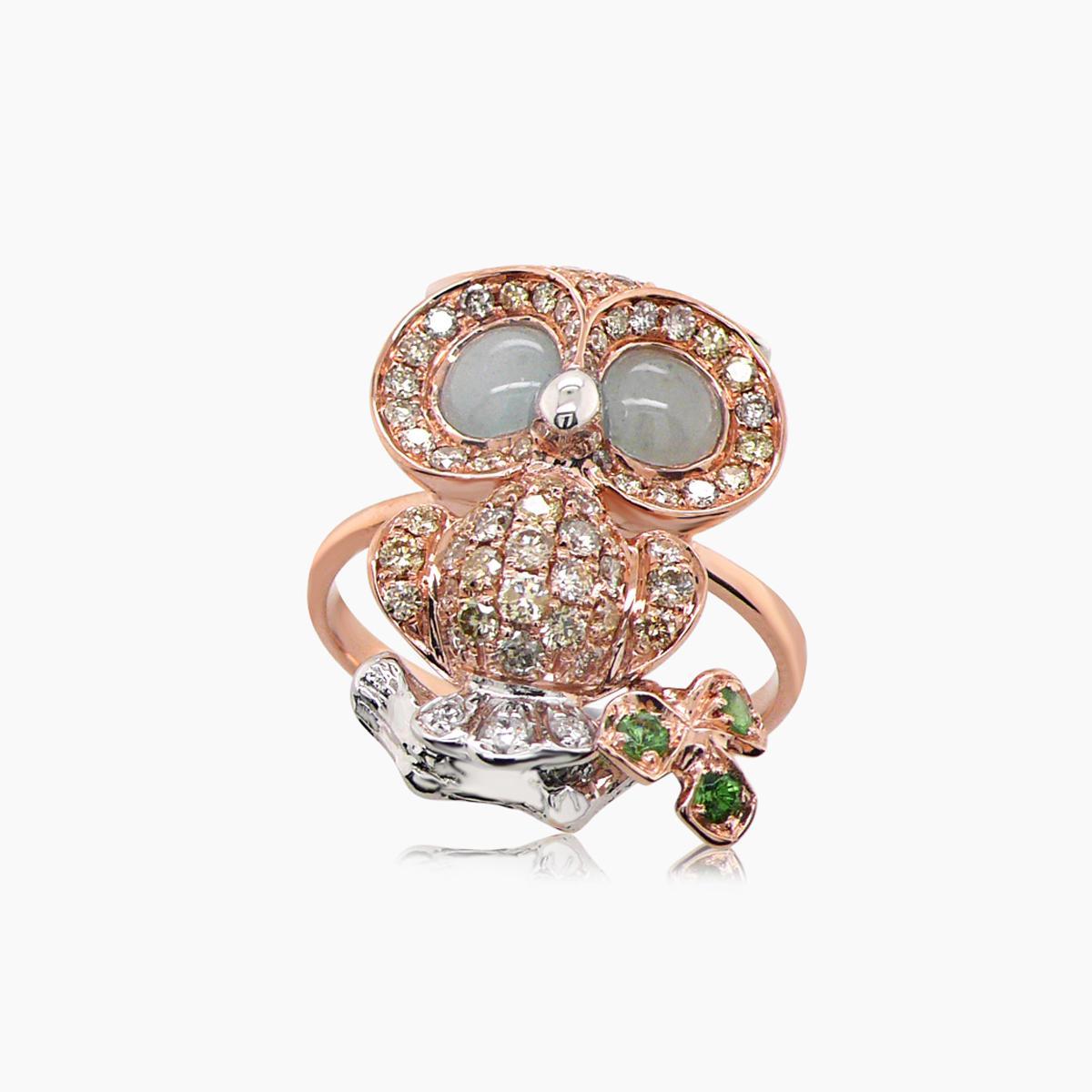 Mixed Cut Owl Bird Fancy Diamond Aquamarine Garnet & White Diamond 18K Rose Gold Ring For Sale