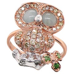 Owl Bird Fancy Diamond Aquamarine Garnet & White Diamond 18K Rose Gold Ring