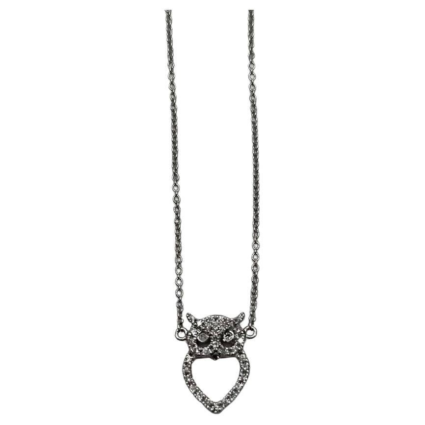 Owl Bird Heart Symbol Diamonds Halo Motif 18K White Gold Pendant Chain Necklace