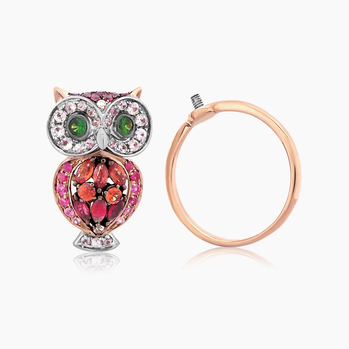 Owl Bird Orange Sapphire Pink Sapphire Ruby & Diamond 18K Rose Gold Ring In New Condition For Sale In Oakton, VA