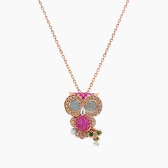 Collier pendentif hibou oiseau saphir rose diamant aigue-marine grenat or rose 18K