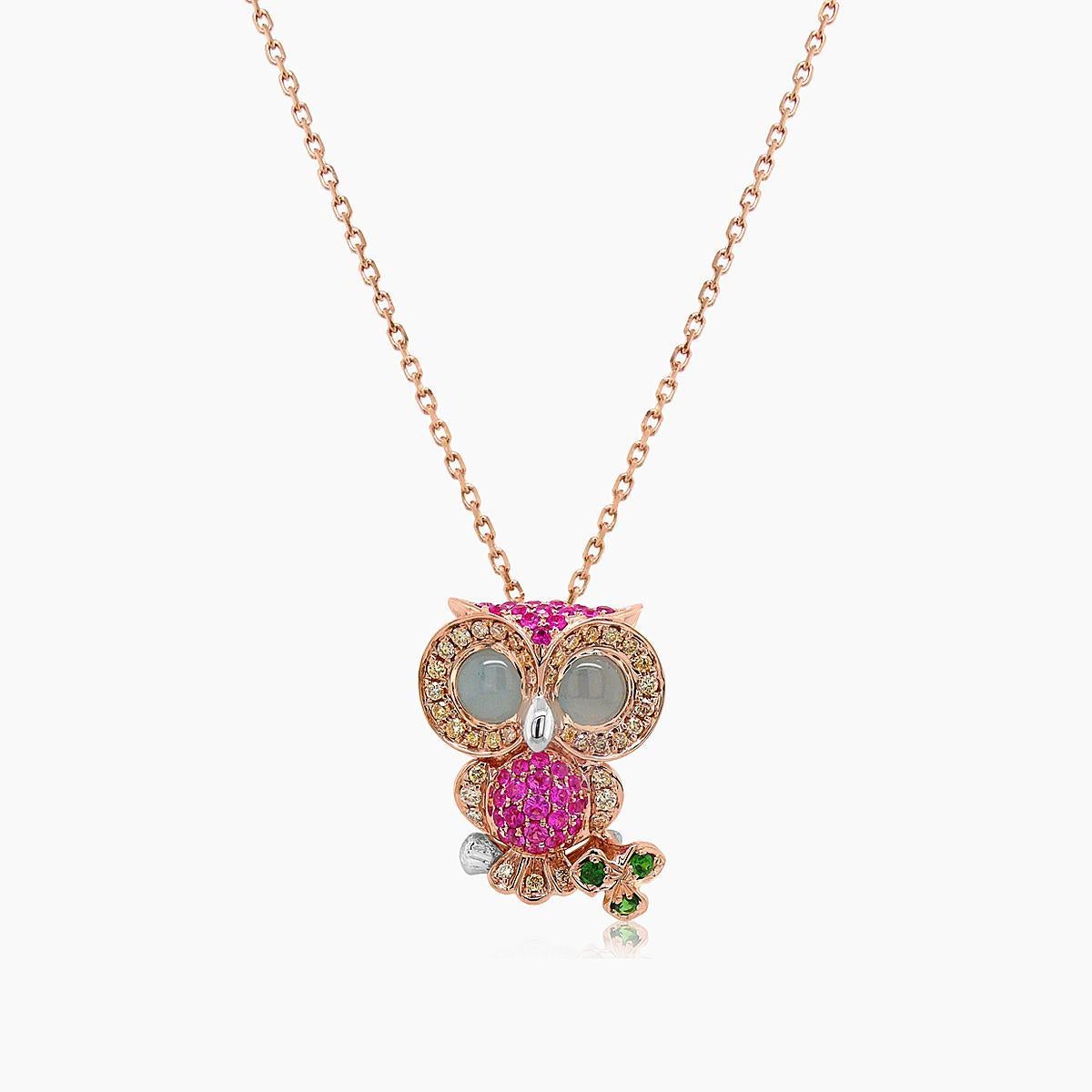 Mixed Cut Owl Bird Pink Sapphire Diamond Aquamarine Garnet 18K Rose Gold Pendant Necklace For Sale