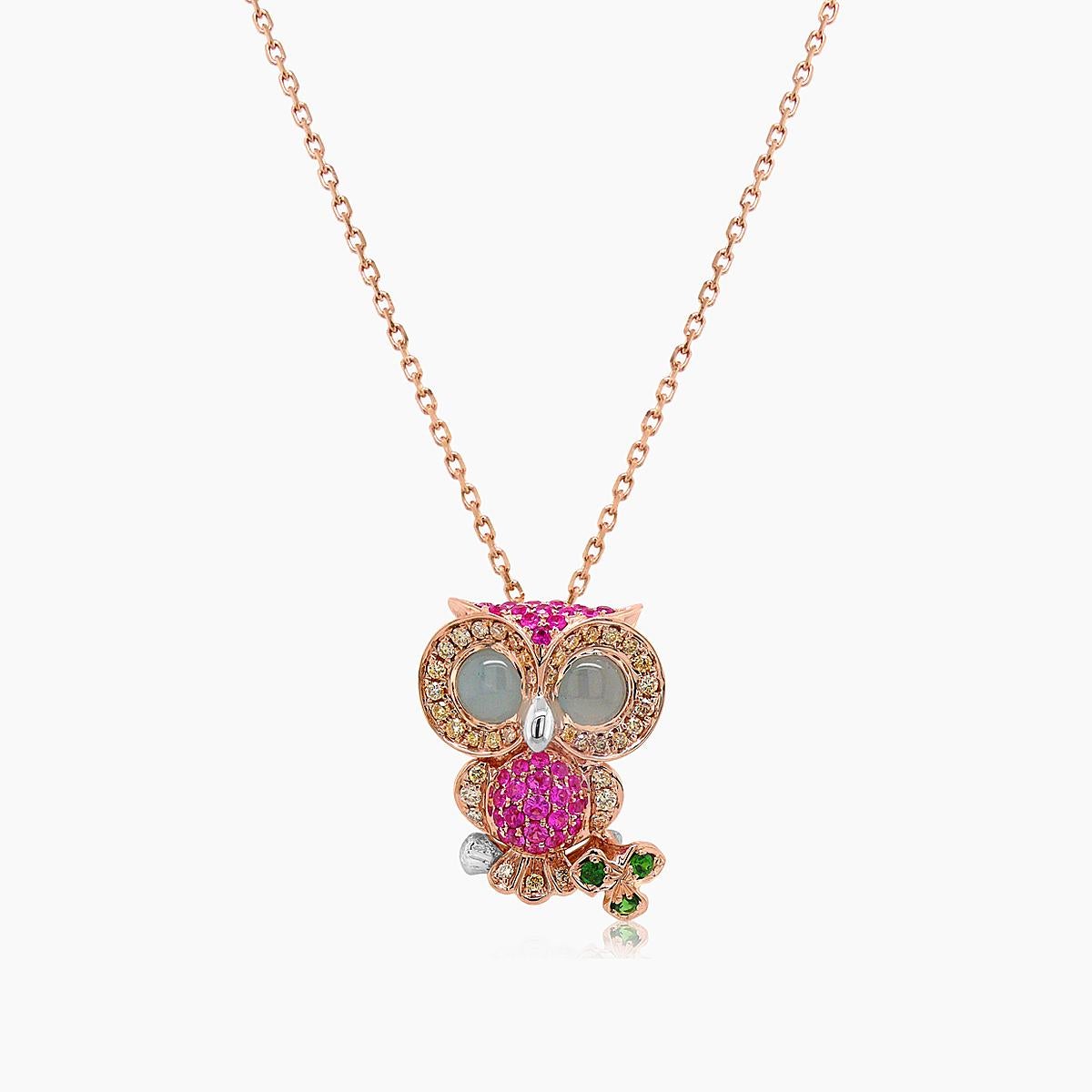 Owl Bird Pink Sapphire Diamond Aquamarine Garnet 18K Rose Gold Pendant Necklace In New Condition For Sale In Oakton, VA