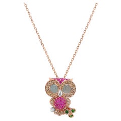 Owl Bird Pink Sapphire Diamond Aquamarine Garnet 18K Rose Gold Pendant Necklace