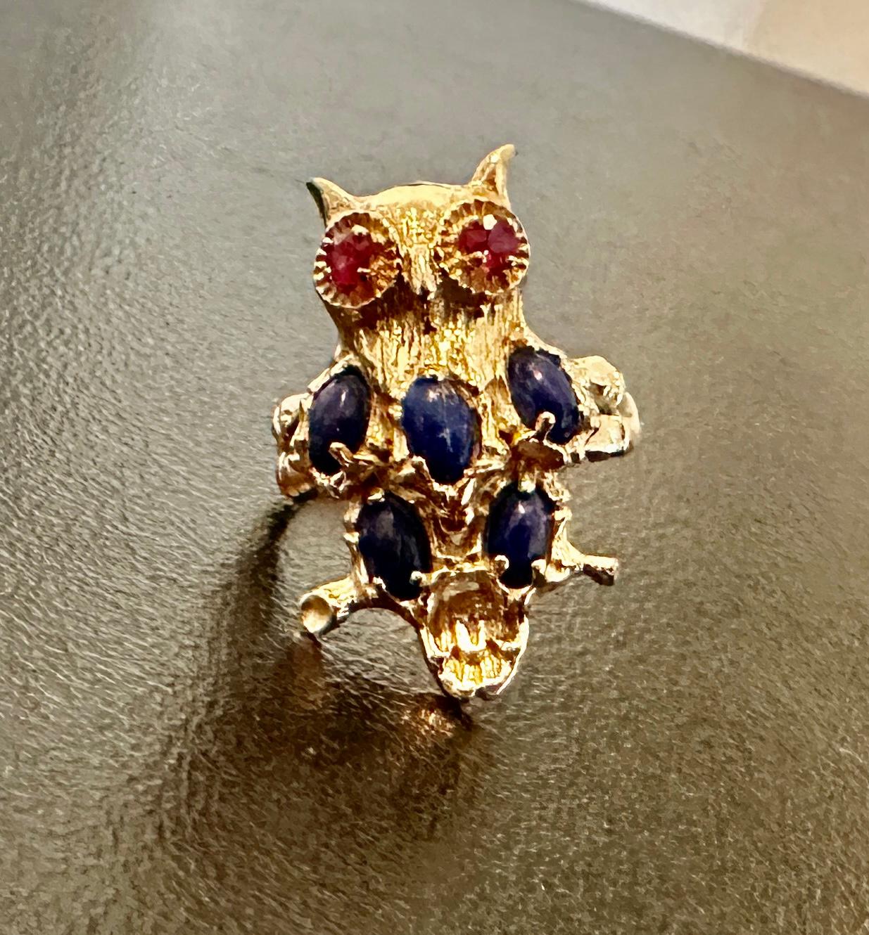 Rétro Anello Gufo Uccello Lapislazzuli Rubino Retrò Midcentury Oro giallo 14 carati in vendita