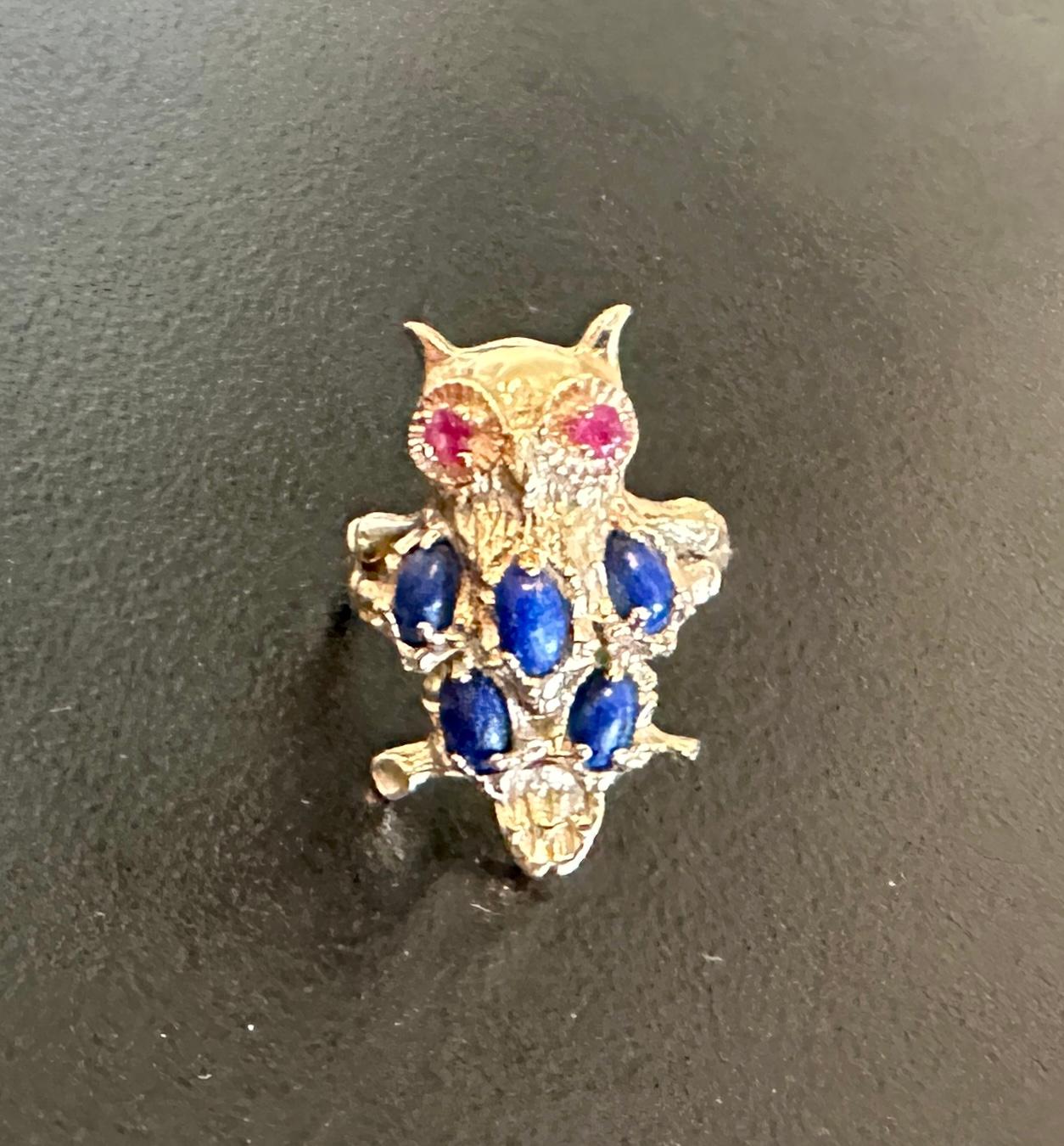 Anello Gufo Uccello Lapislazzuli Rubino Retrò Midcentury Oro giallo 14 carati in vendita 3