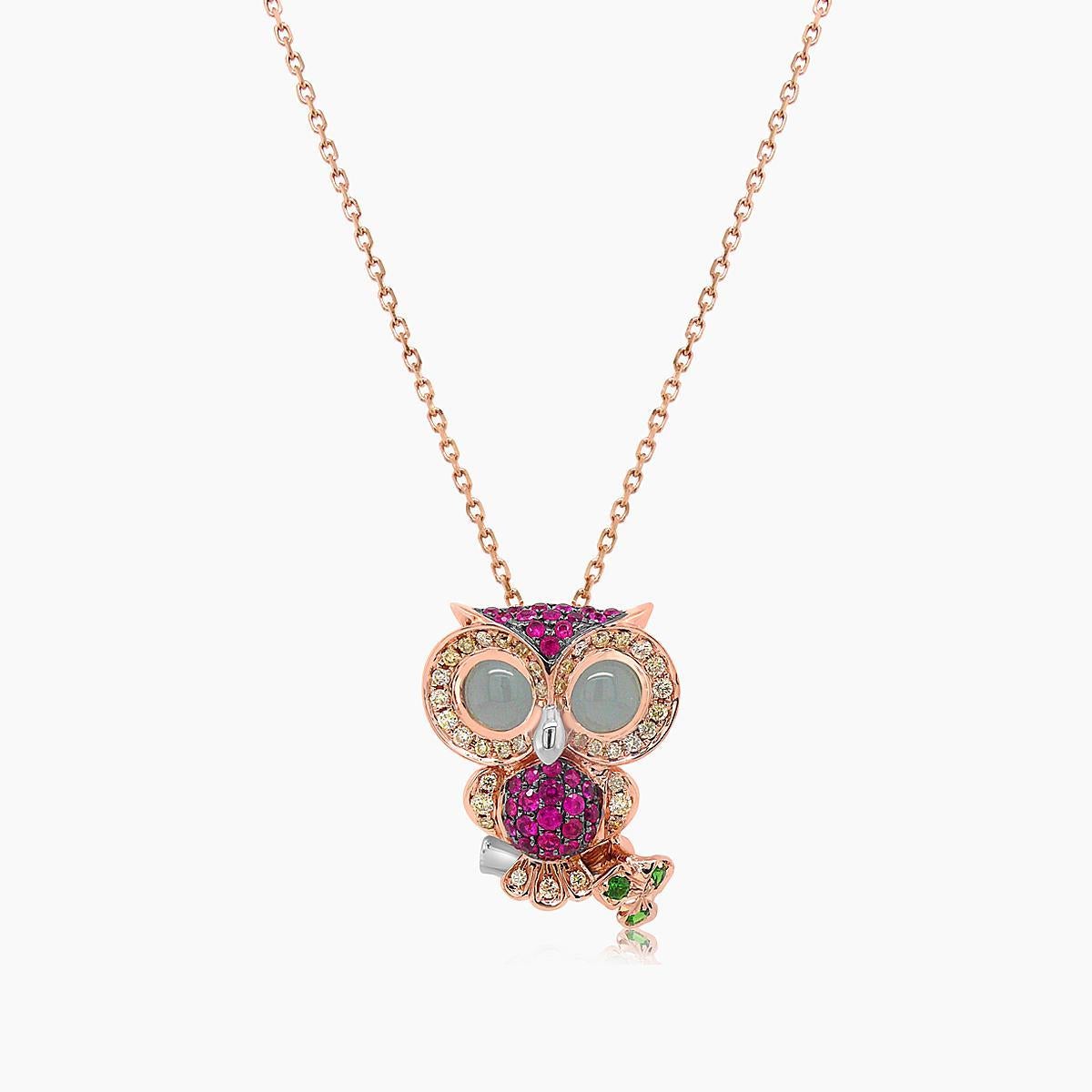 Mixed Cut Owl Bird Ruby Diamond Aquamarine & Garnet 18K Rose Gold Pendant Necklace For Sale