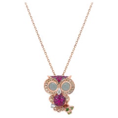 Owl Bird Ruby Diamond Aquamarine & Garnet 18K Rose Gold Pendant Necklace
