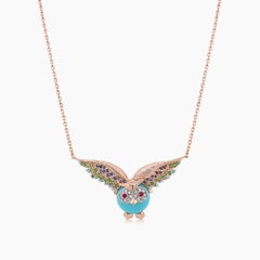 Owl Bird Turquoise Diamond Sapphire Garnet & Ruby 18K Rose Gold Pendant Necklace