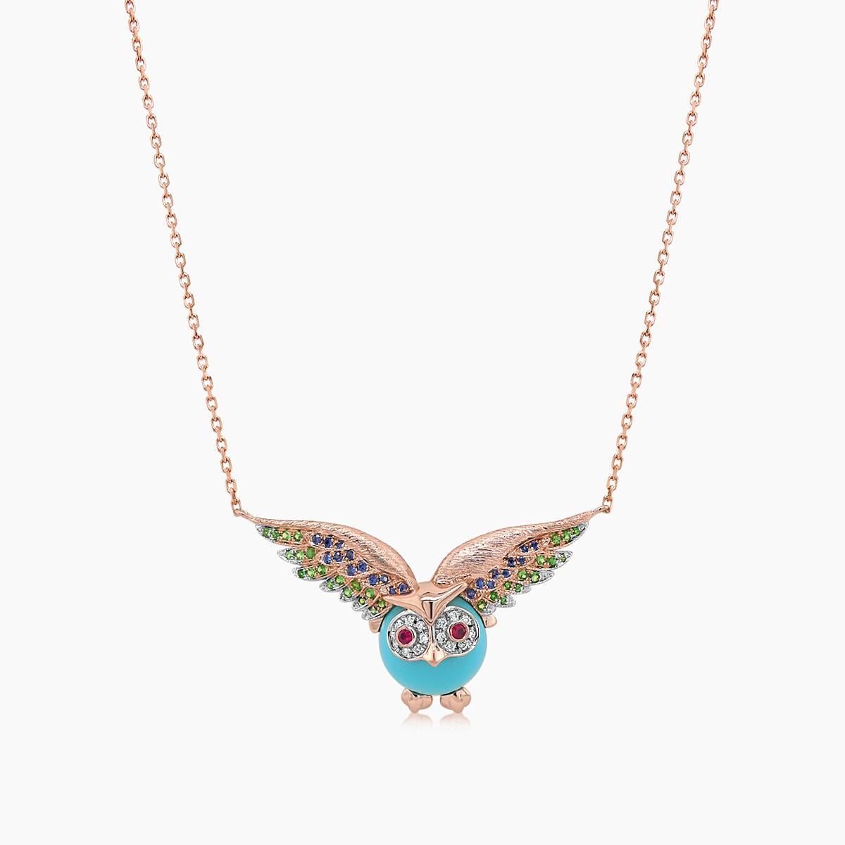 Owl Bird Turquoise Diamond Sapphire Garnet & Ruby 18K Rose Gold Pendant Necklace In New Condition For Sale In Oakton, VA