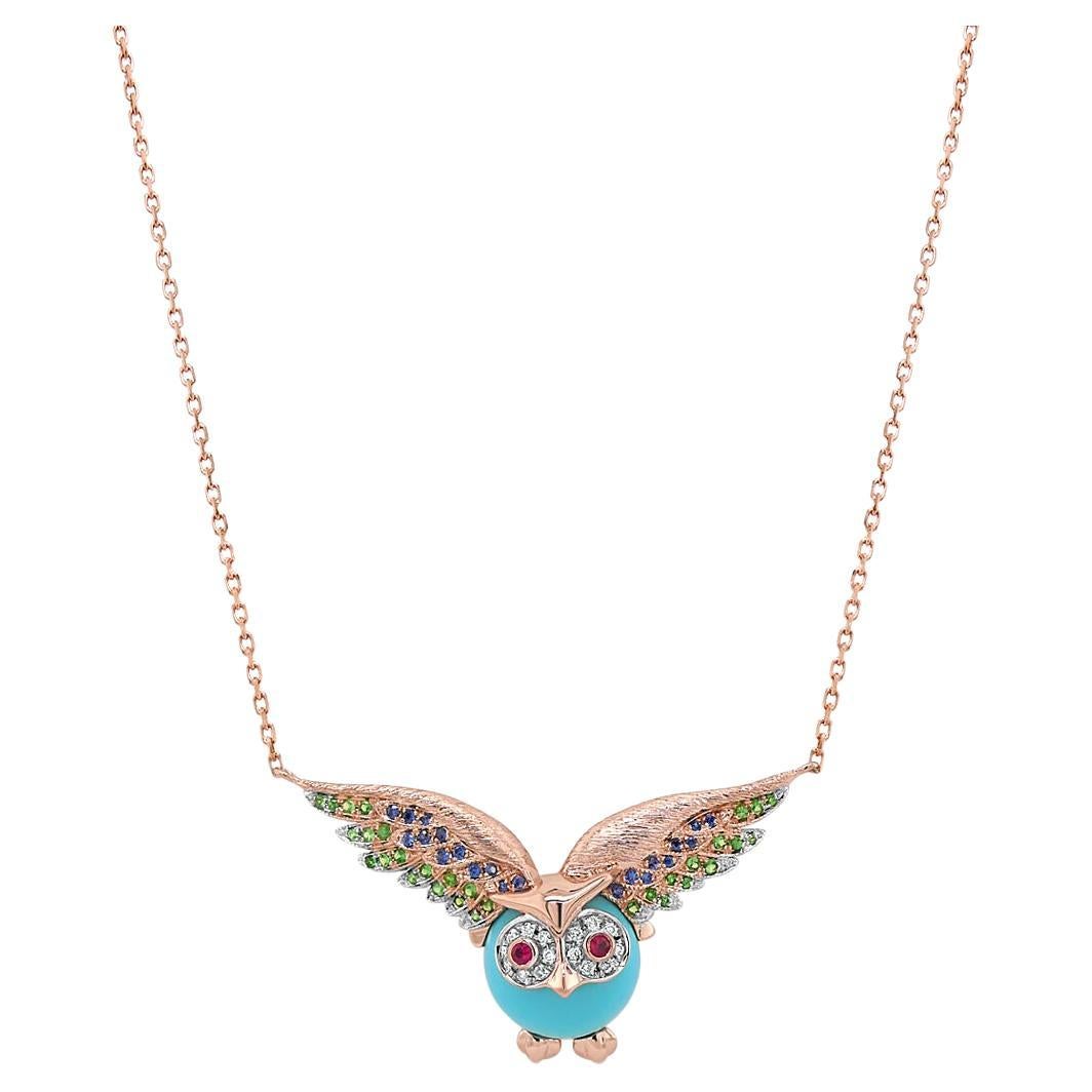 Owl Bird Turquoise Diamond Sapphire Garnet & Ruby 18K Rose Gold Pendant Necklace