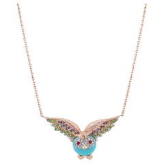 Owl Bird Turquoise Diamond Sapphire Garnet & Ruby 18K Rose Gold Pendant Necklace