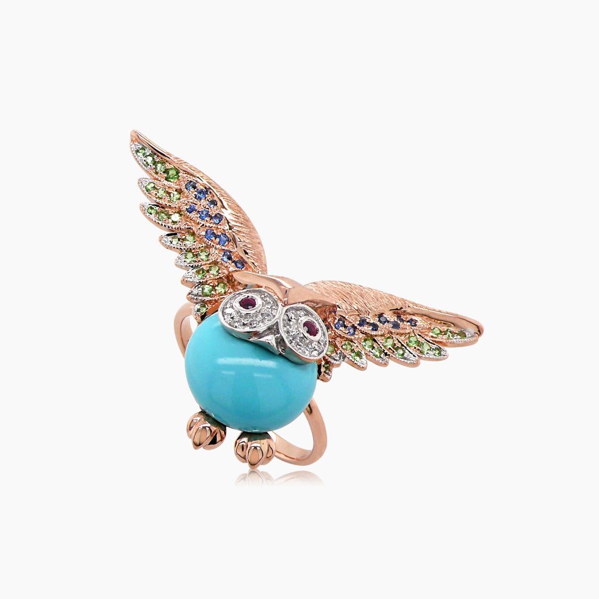 Owl Bird Turquoise Diamond Sapphire Garnet & Ruby 18K Rose Gold Ring In New Condition For Sale In Oakton, VA