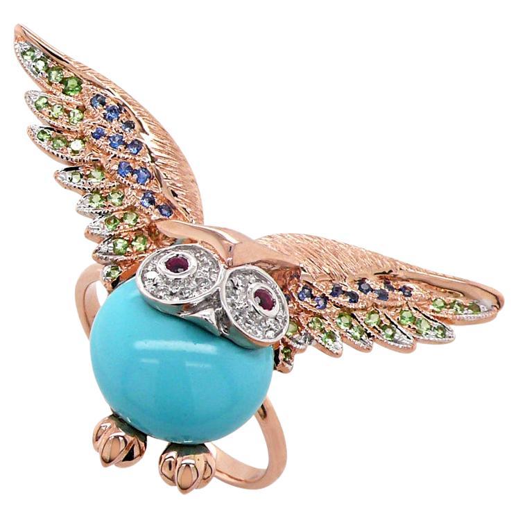 Owl Bird Turquoise Diamond Sapphire Garnet & Ruby 18K Rose Gold Ring