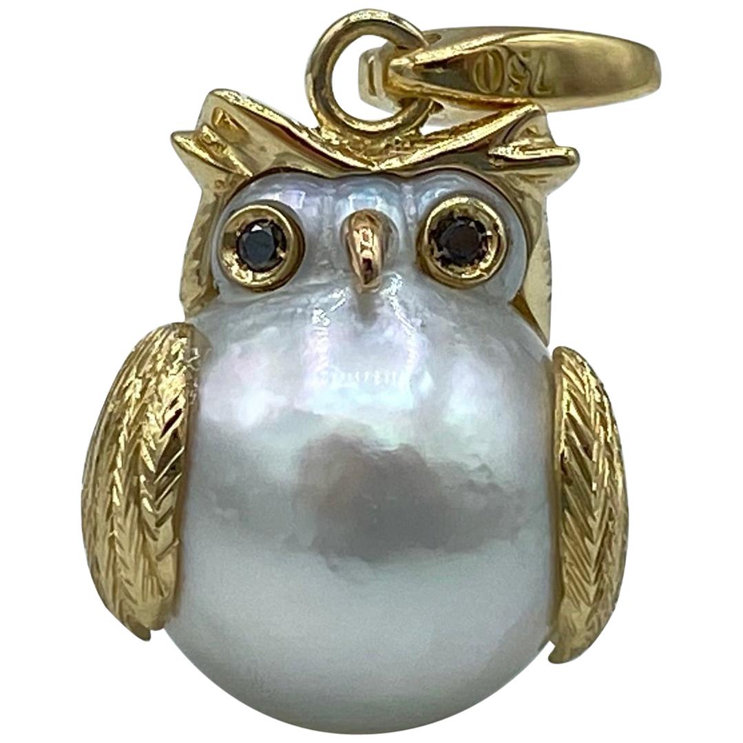 Owl Black Diamond 18 Karat Australian Pearl Charm or Pendant Necklace