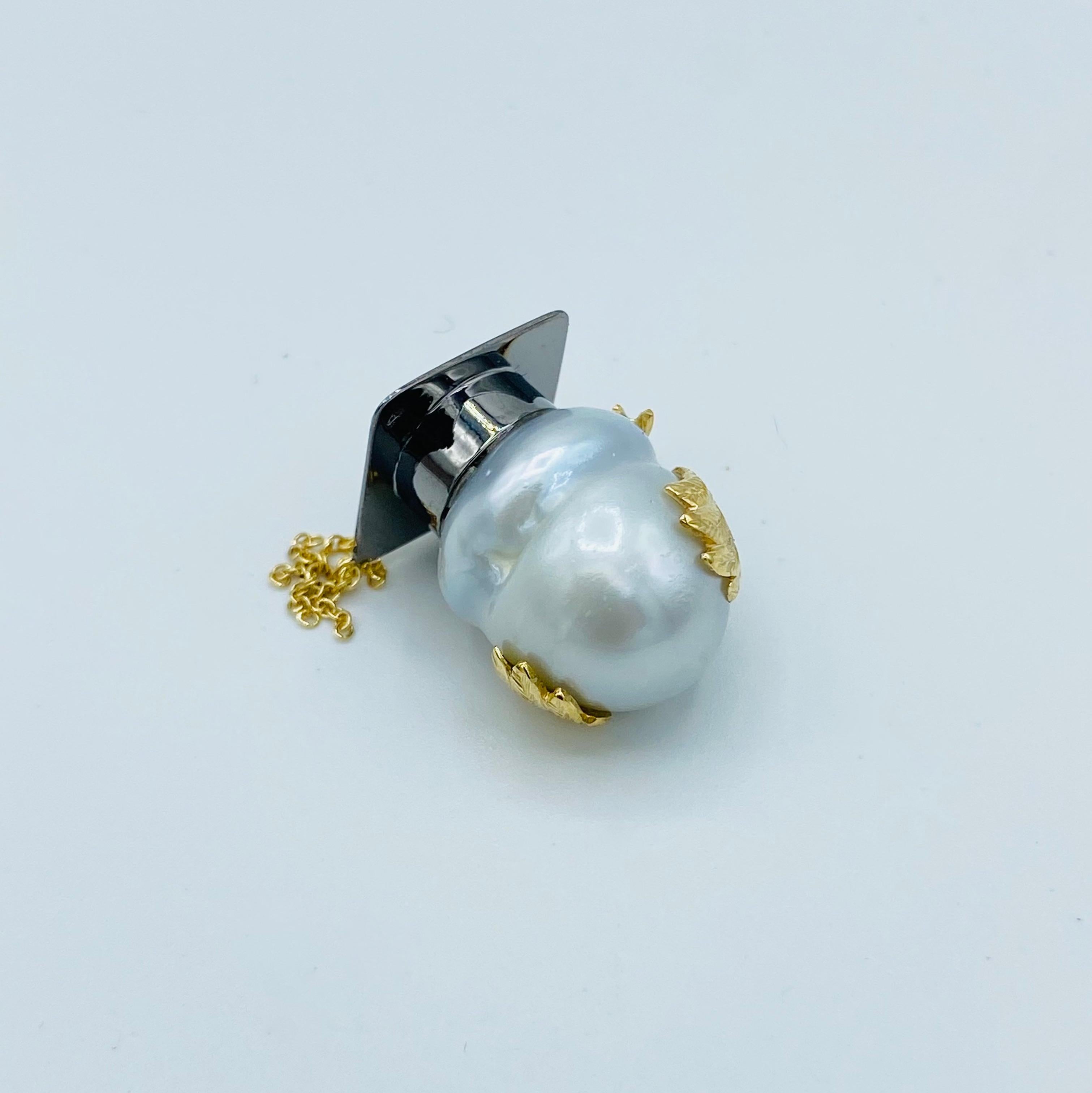 Artisan Owl Black Diamond 18 Karat Gold Australian Pearl Charm or Pendant Necklace For Sale