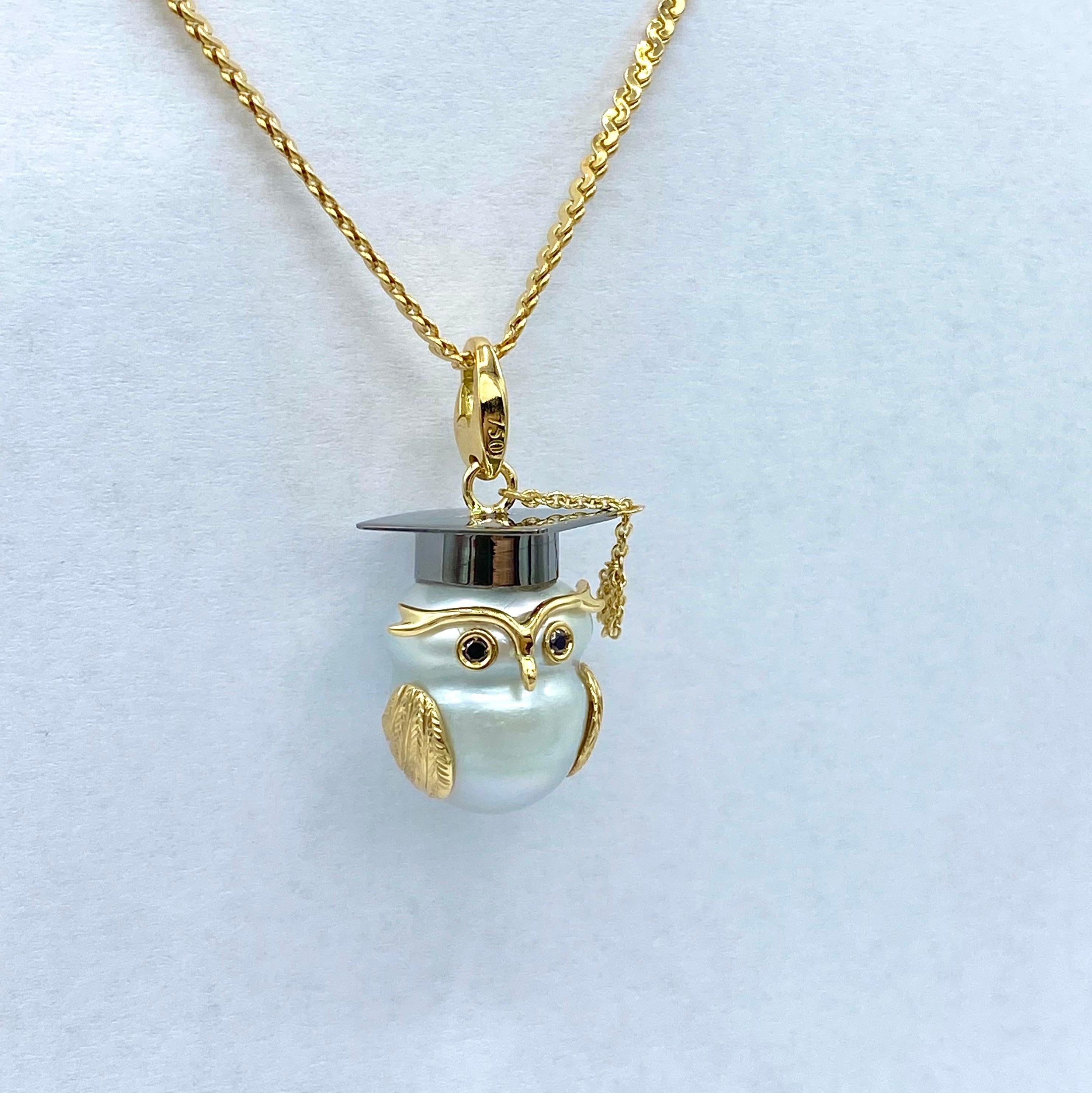 Women's Owl Black Diamond 18 Karat Gold Australian Pearl Charm or Pendant Necklace For Sale
