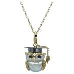 Owl Black Diamond 18 Karat Gold Australian Pearl Charm or Pendant Necklace