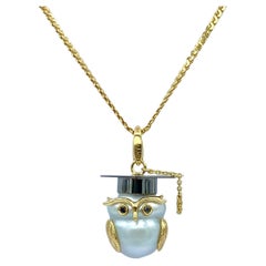 Owl Black Diamond 18 Karat Gold Australian Pearl Charm or Pendant Necklace