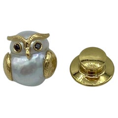 Owl Black Diamond Yellow 18 Karat Gold Australian Pearl Pin Brooch