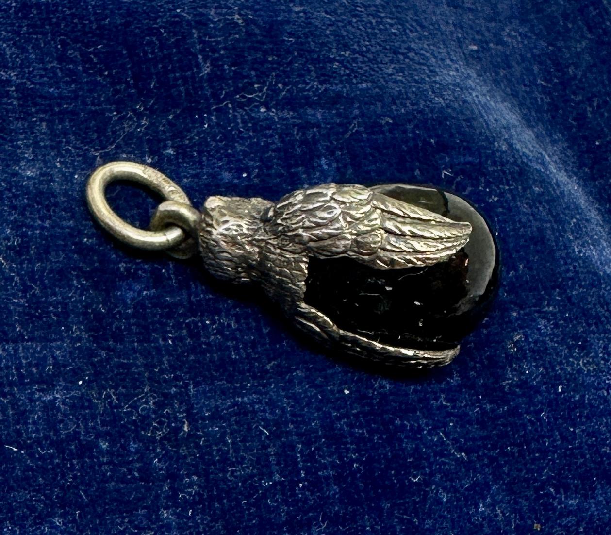Art Nouveau Owl Black Jade Easter Egg Pendant Necklace Charm Silver Oscar Pihl Russian For Sale
