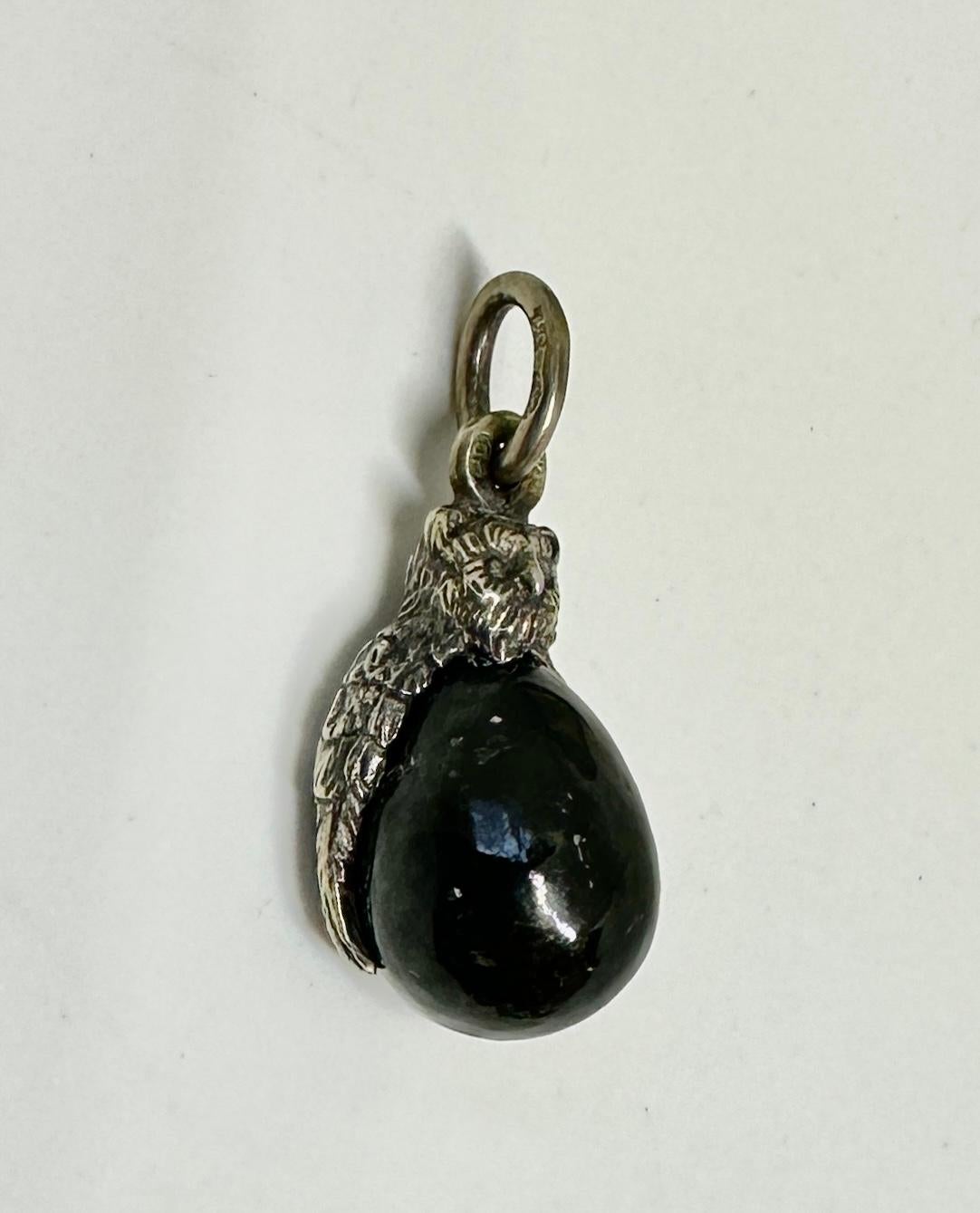 Owl Black Jade Easter Egg Pendant Necklace Charm Silver Oscar Pihl Russian In Excellent Condition For Sale In New York, NY