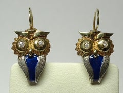 Owl Blue Enamel Round Cut White Diamond Yellow Gold Earrings