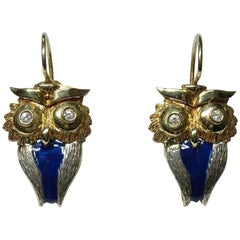 Antique Owl Blue Enamel Round Cut White Diamond Yellow Gold Earrings