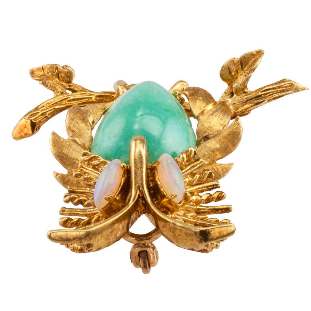 Contemporary Owl Brooch 1960s Opal Turquoise Gold