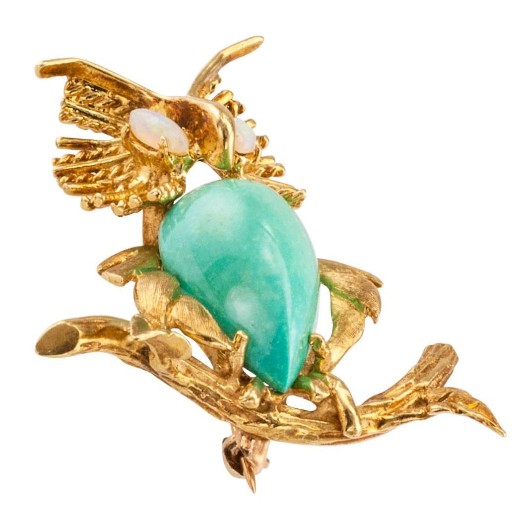 Owl Brooch 1960s Opal Turquoise Gold In Excellent Condition In Los Angeles, CA