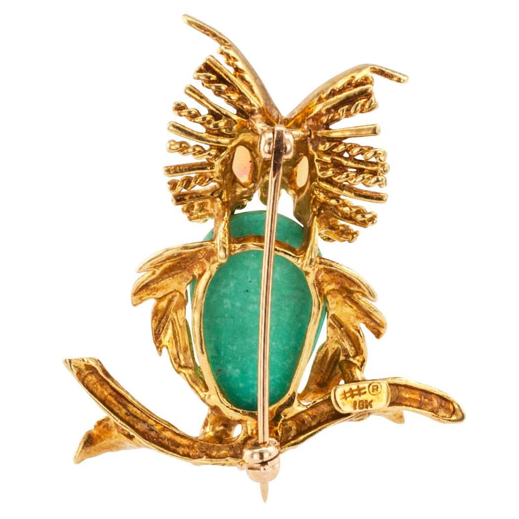 Women's Owl Brooch 1960s Opal Turquoise Gold