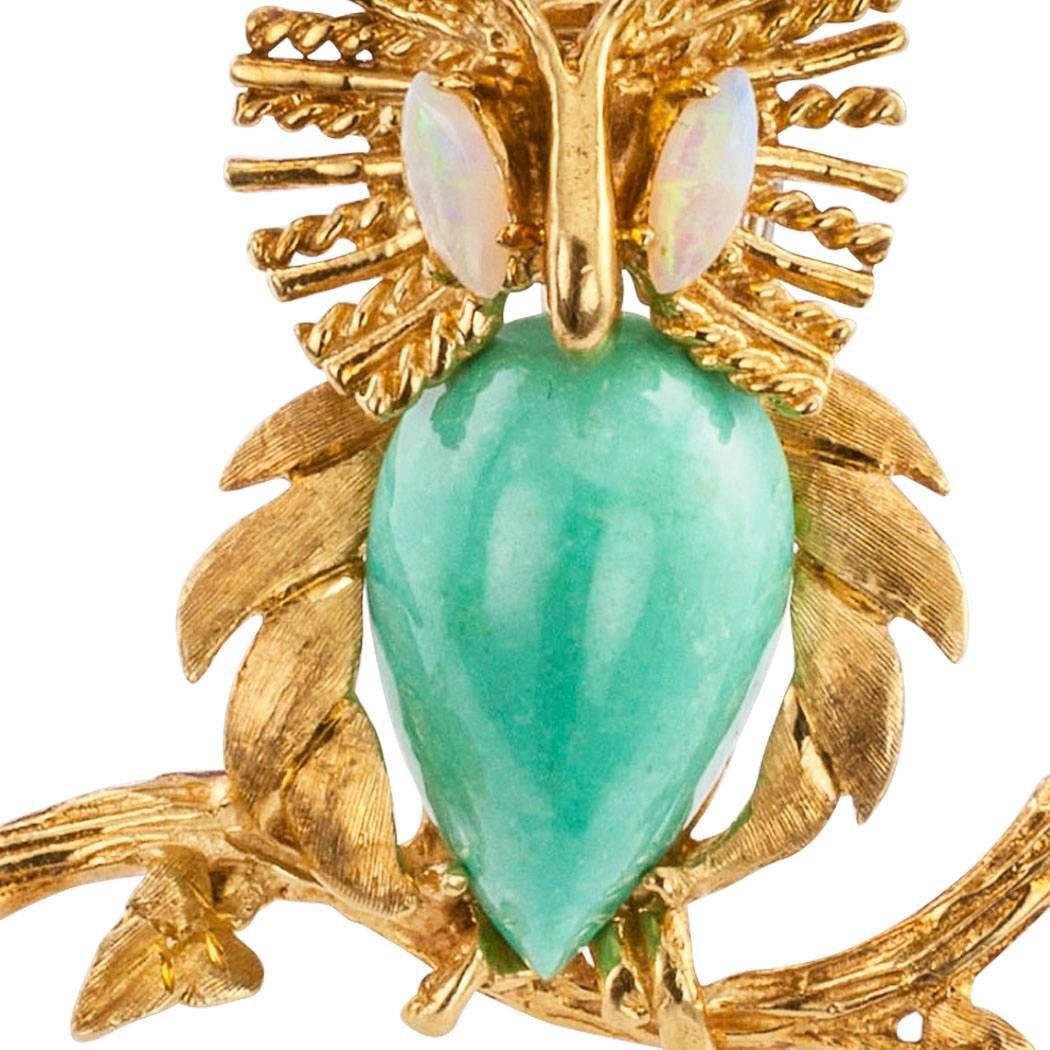 Owl Brooch 1960s Opal Turquoise Gold 1
