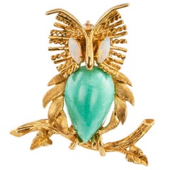 Owl Brooch 1960s Opal Turquoise Gold