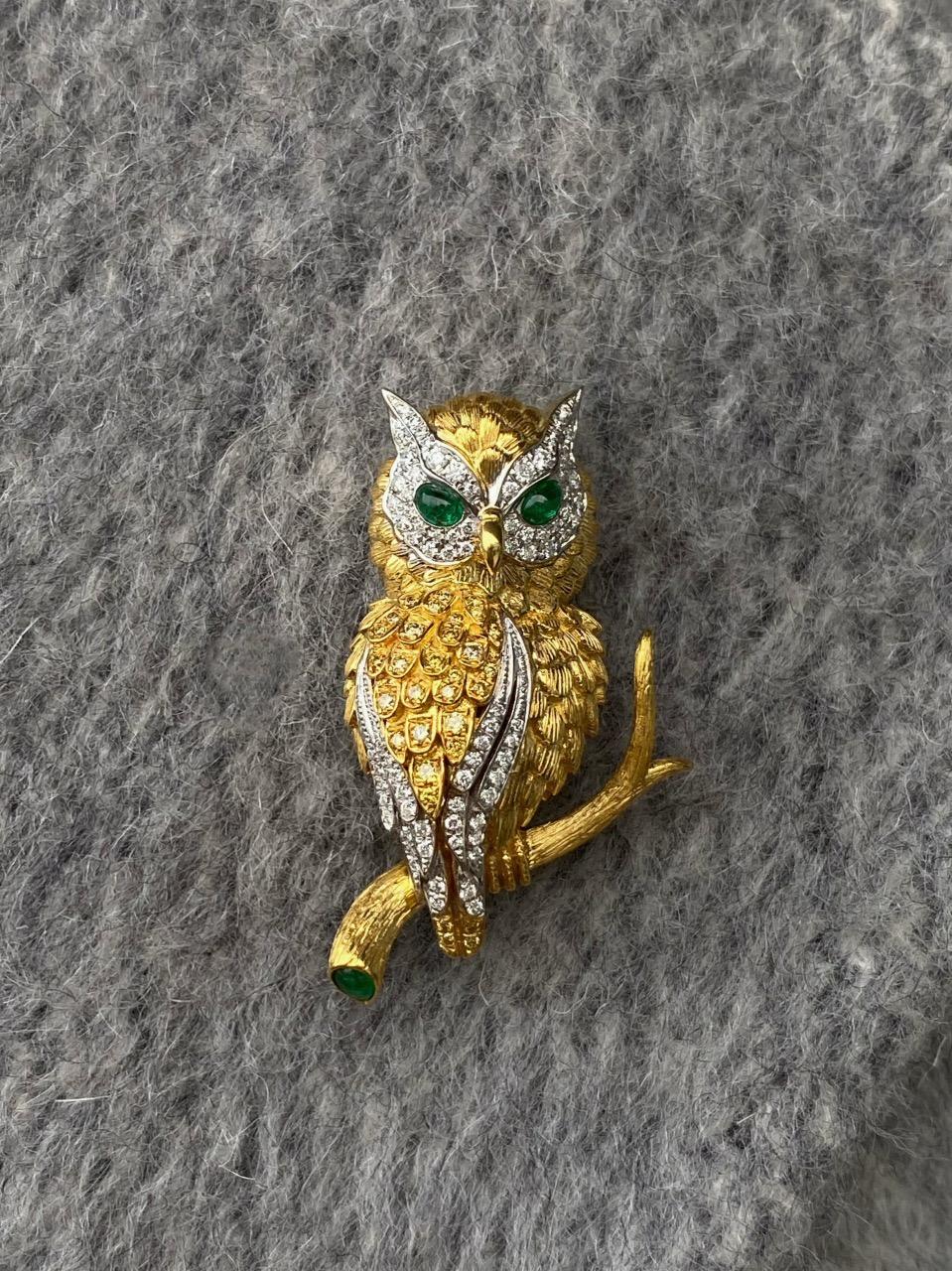Eulen-Brosche: Smaragd & Diamant-Wandteppich, Bespoke Luxury

Smaragdstein: 0,19ct
Gelber Diamant Stein: 0,13ct
Weißer Diamant Stein: 0,27ct
Gesamtgewicht: 9,57 Gramm

Diese Brosche in Form einer Eule ist ein Höhepunkt der maßgeschneiderten