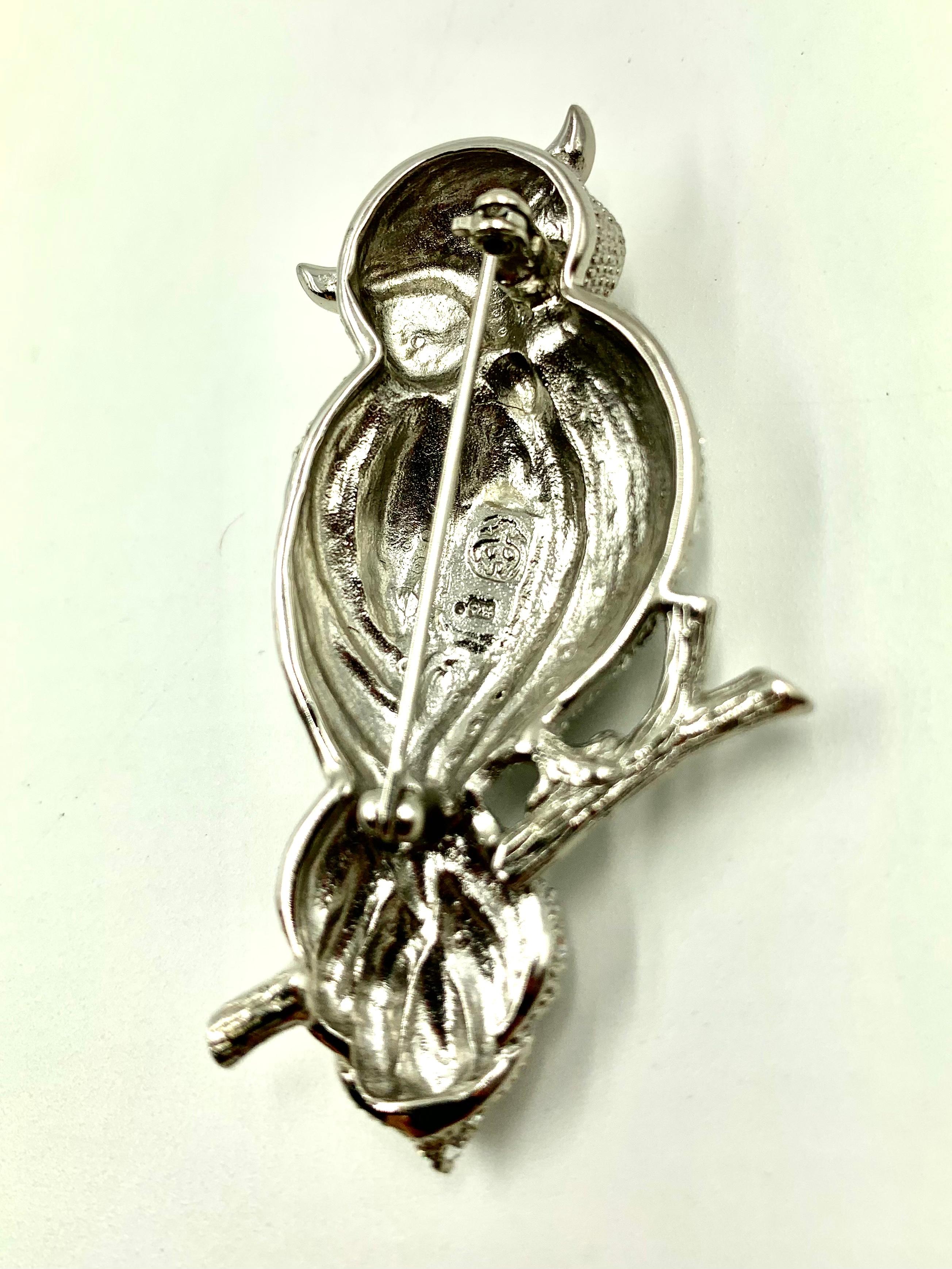 Romantic Vintage Brooks Brothers Golden Fleece Sterling Silver, Crystal Owl Brooch For Sale