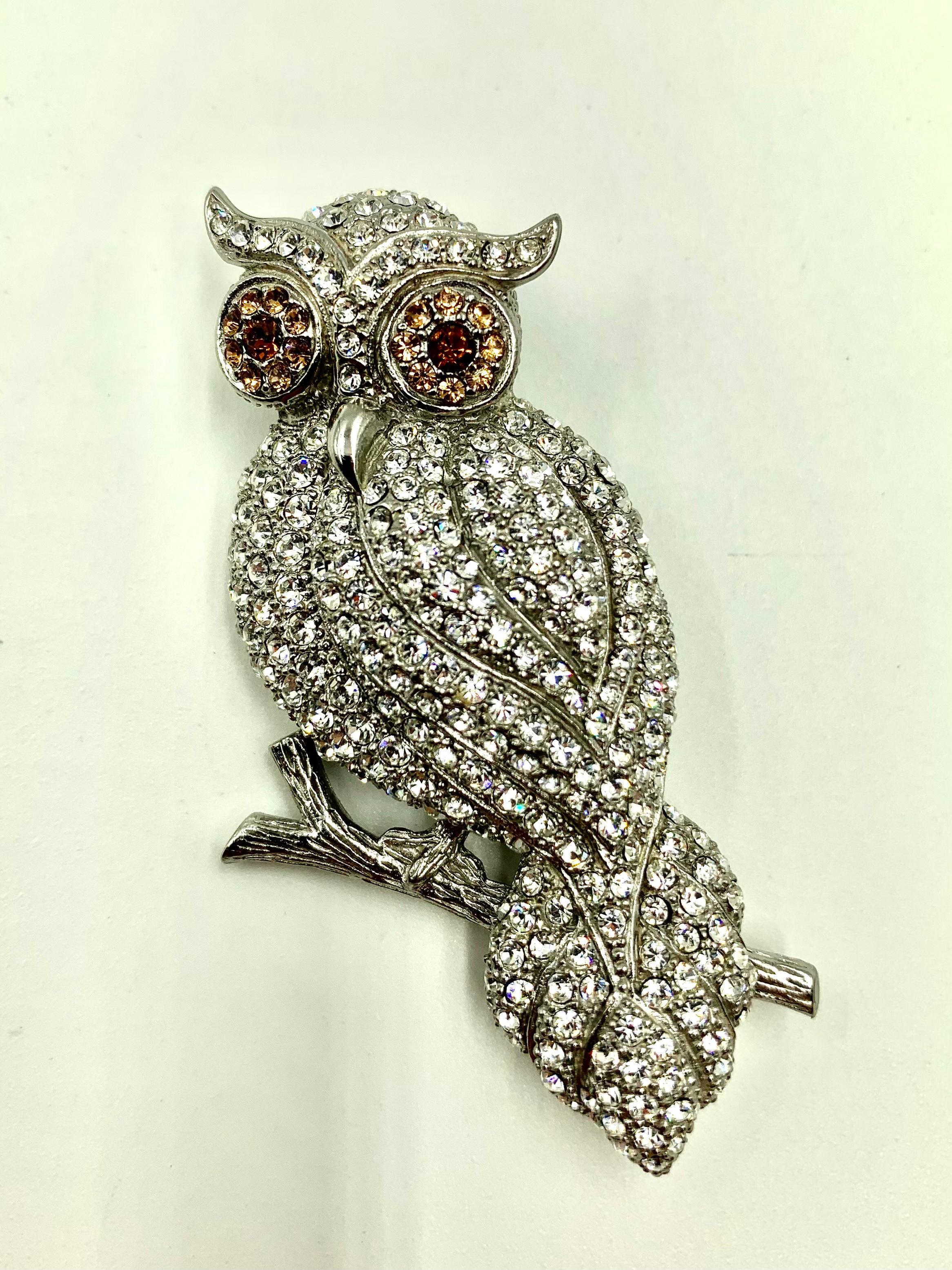Mixed Cut Vintage Brooks Brothers Golden Fleece Sterling Silver, Crystal Owl Brooch For Sale
