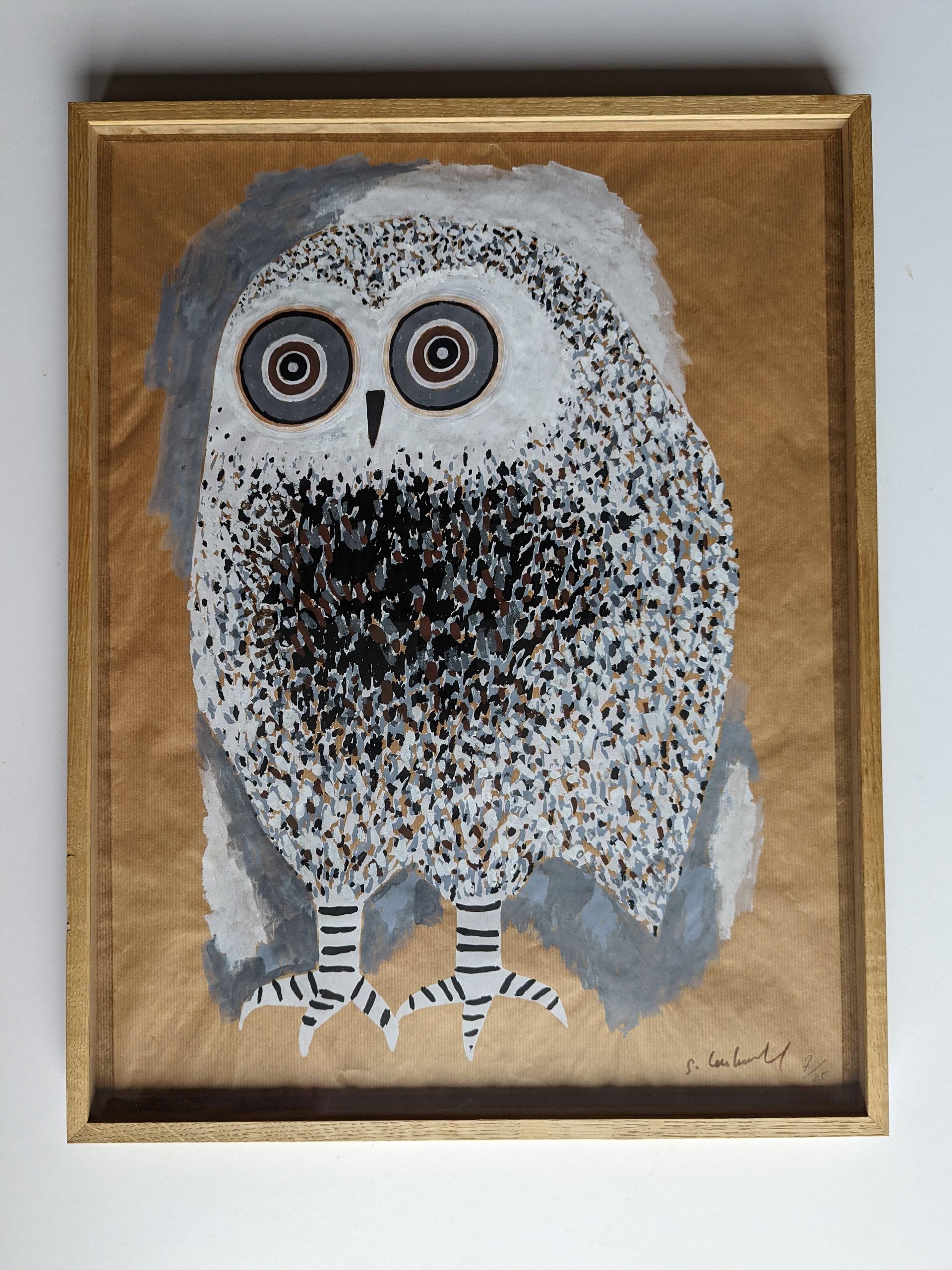 Owl by Guidette CARBONELL gouache on paper 1975 For Sale 3