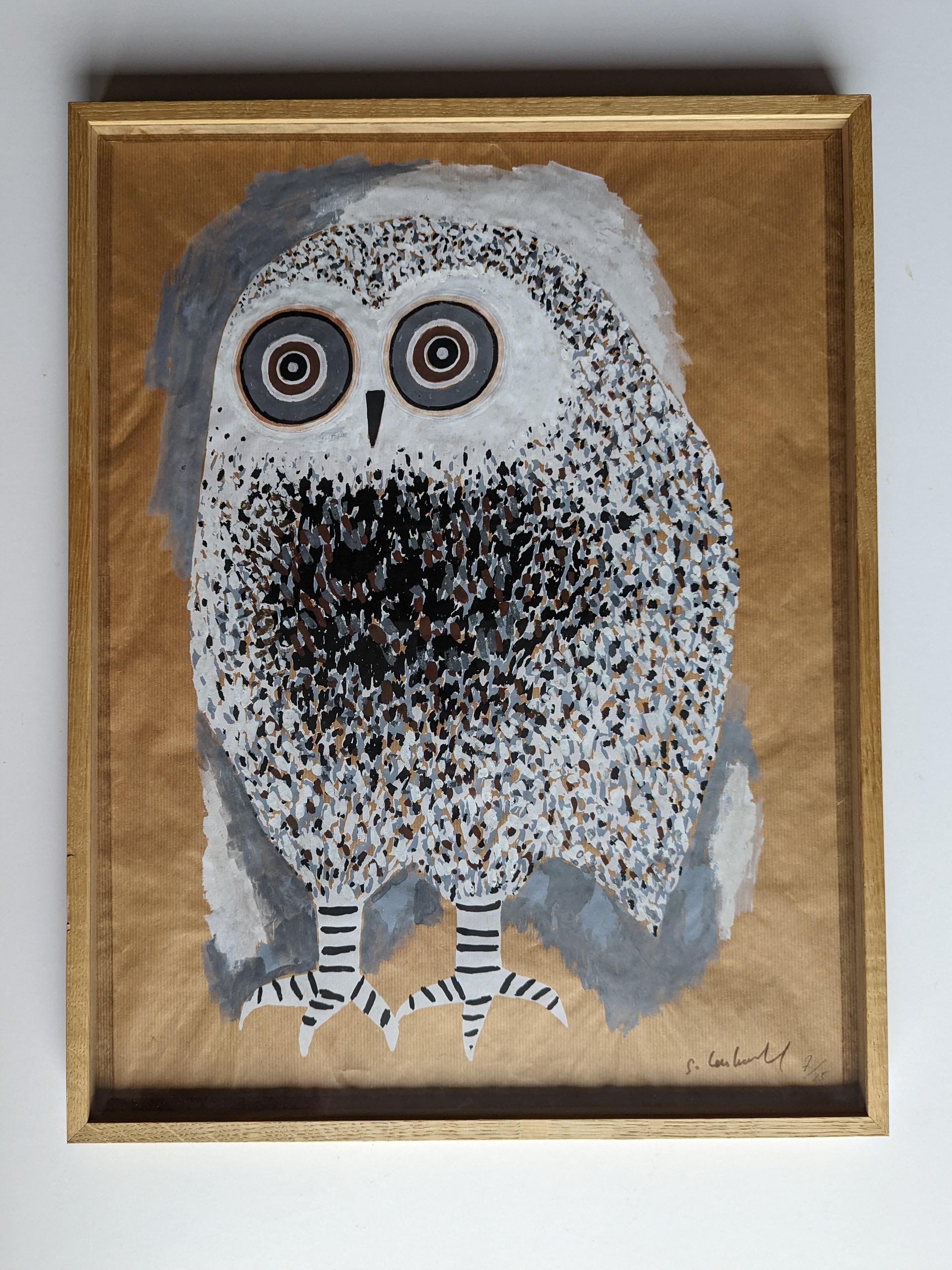Owl by Guidette CARBONELL gouache on paper 1975 For Sale 2
