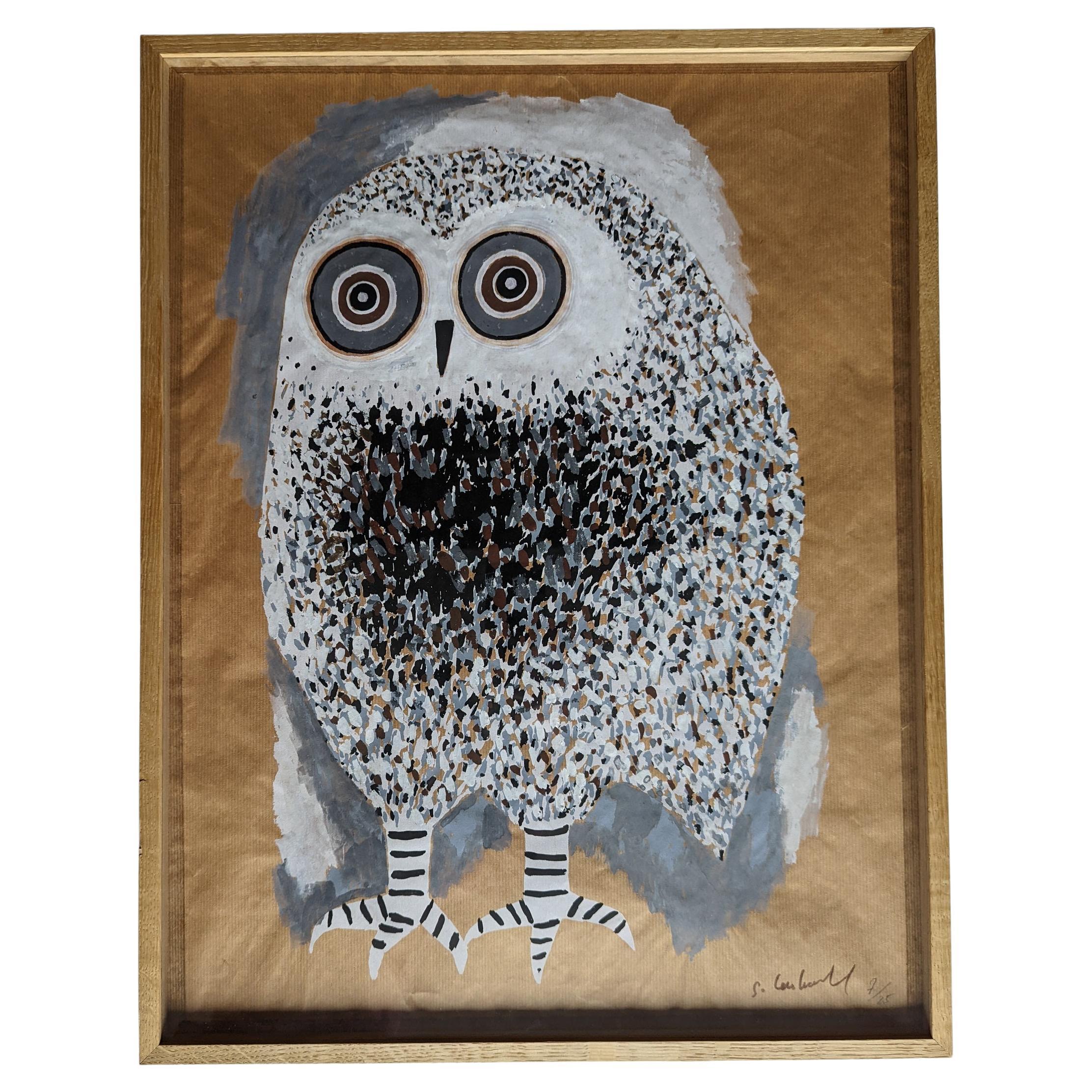 Owl by Guidette CARBONELL gouache on paper 1975 For Sale